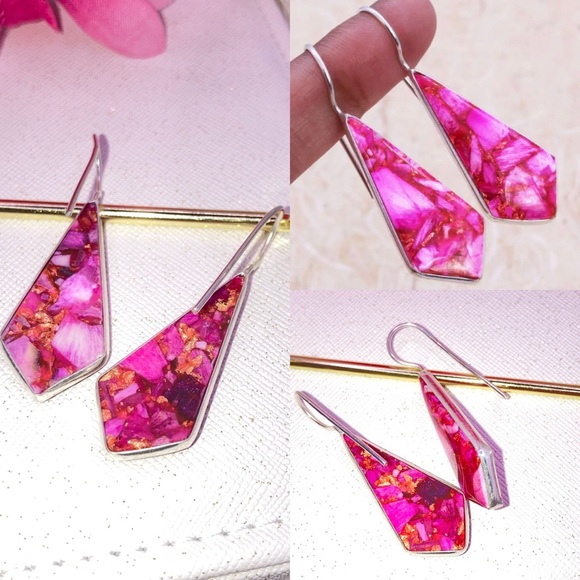 Copper Pink Scolecite Gemstone Handmade Dangle Earrings - Picture 2 of 4